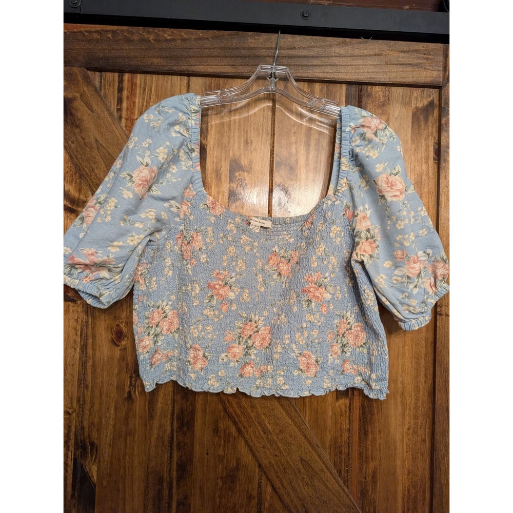 American Eagle Blue Floral Smocked Puff Sleeve Crop Top XL Cotton Linen Mix